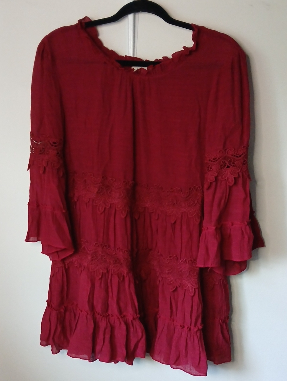 indigo soul Boho Tiered Lace-Trim Tunic/Dress in Deep Red
